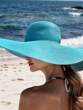 Straw Hat Elegant Aqua Blue Wide Brim Floppy Sun Protector Travel Resortwear